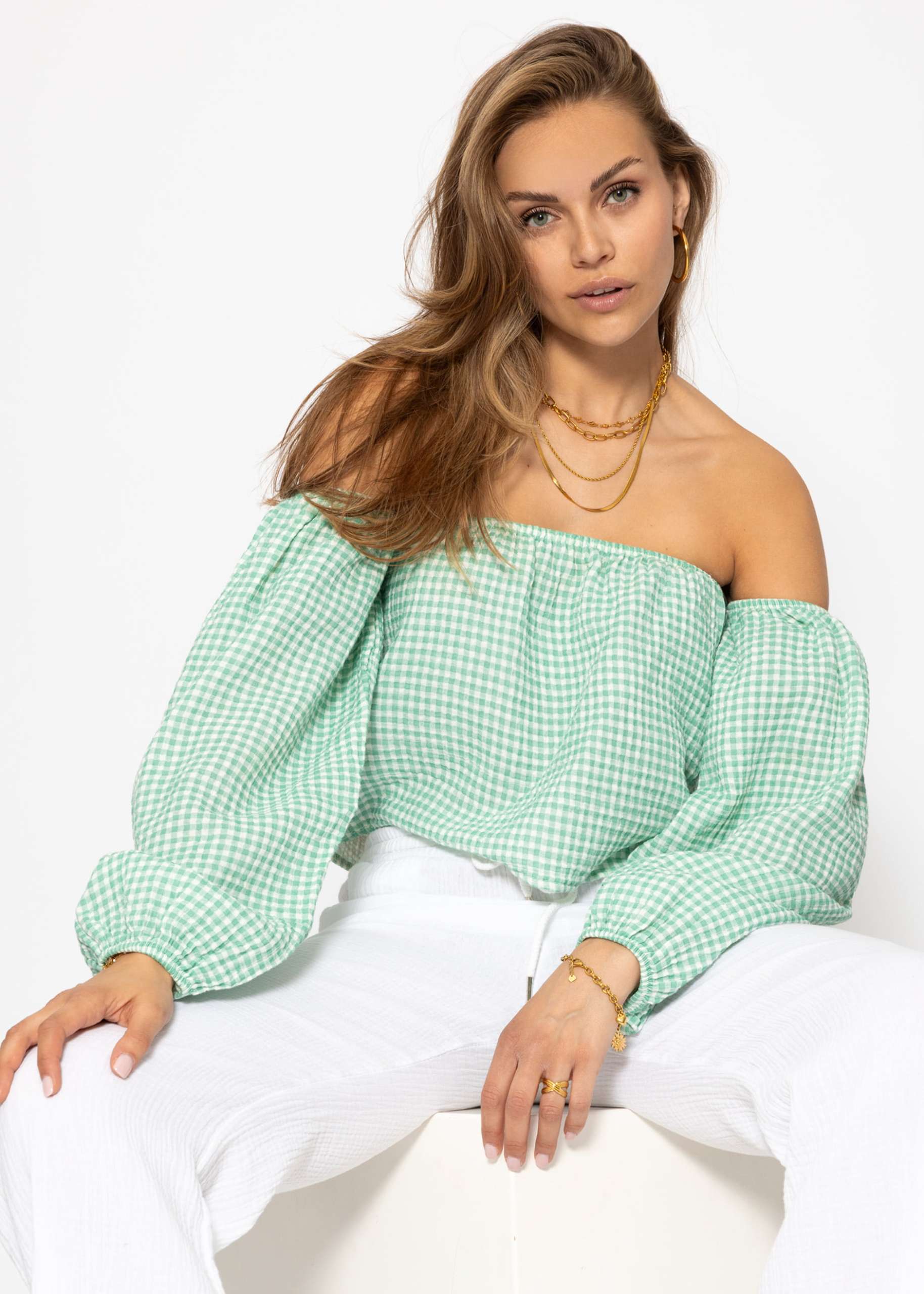 Musselin Top mit Vichy-Print, schulterfrei - salbeigrün-weiß