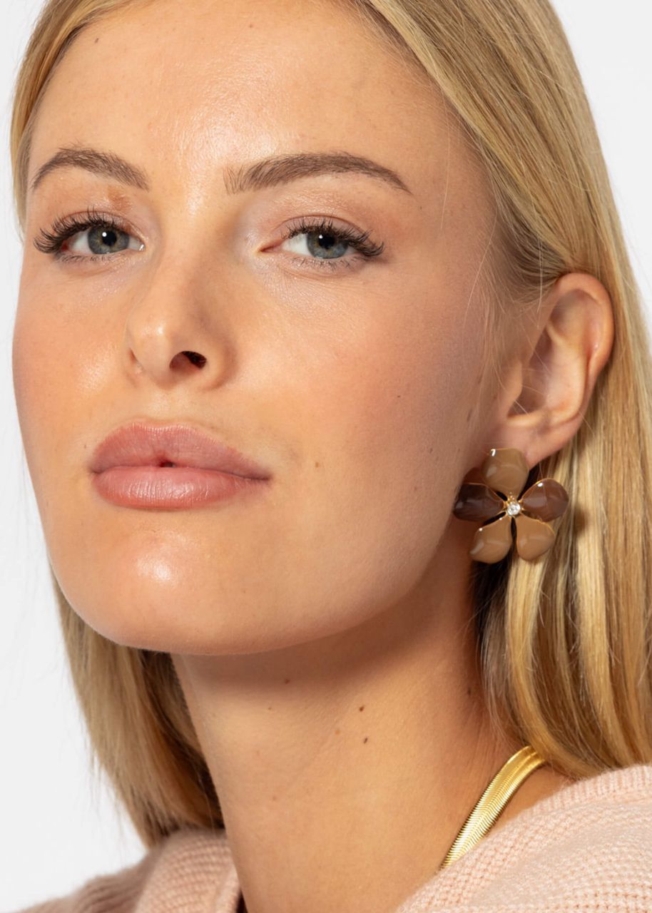 Blüten Ohrstecker nude mit Glitzerstein - gold