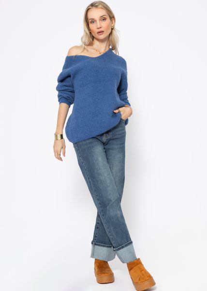 Gerippter Pullover mit V-Ausschnitt - blau