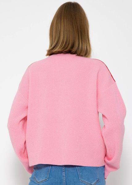 Strickpullover mit farbigen Akzenten - rosa-rot