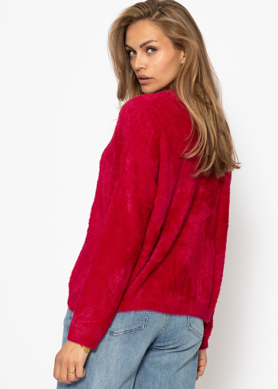 Flauschiger Cardigan mit Knöpfen - berry