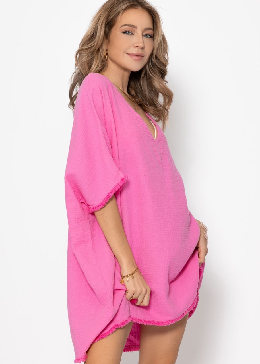 Musselin Tunika mit Fransen - pink