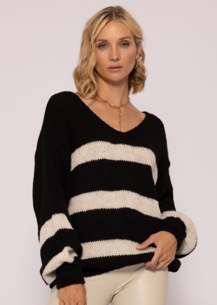 Pullover mit offwhite Streifen, schwarz