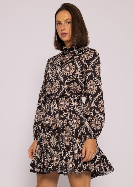 Hemdblusenkleid mit Print, schwarz/camel/offwhite