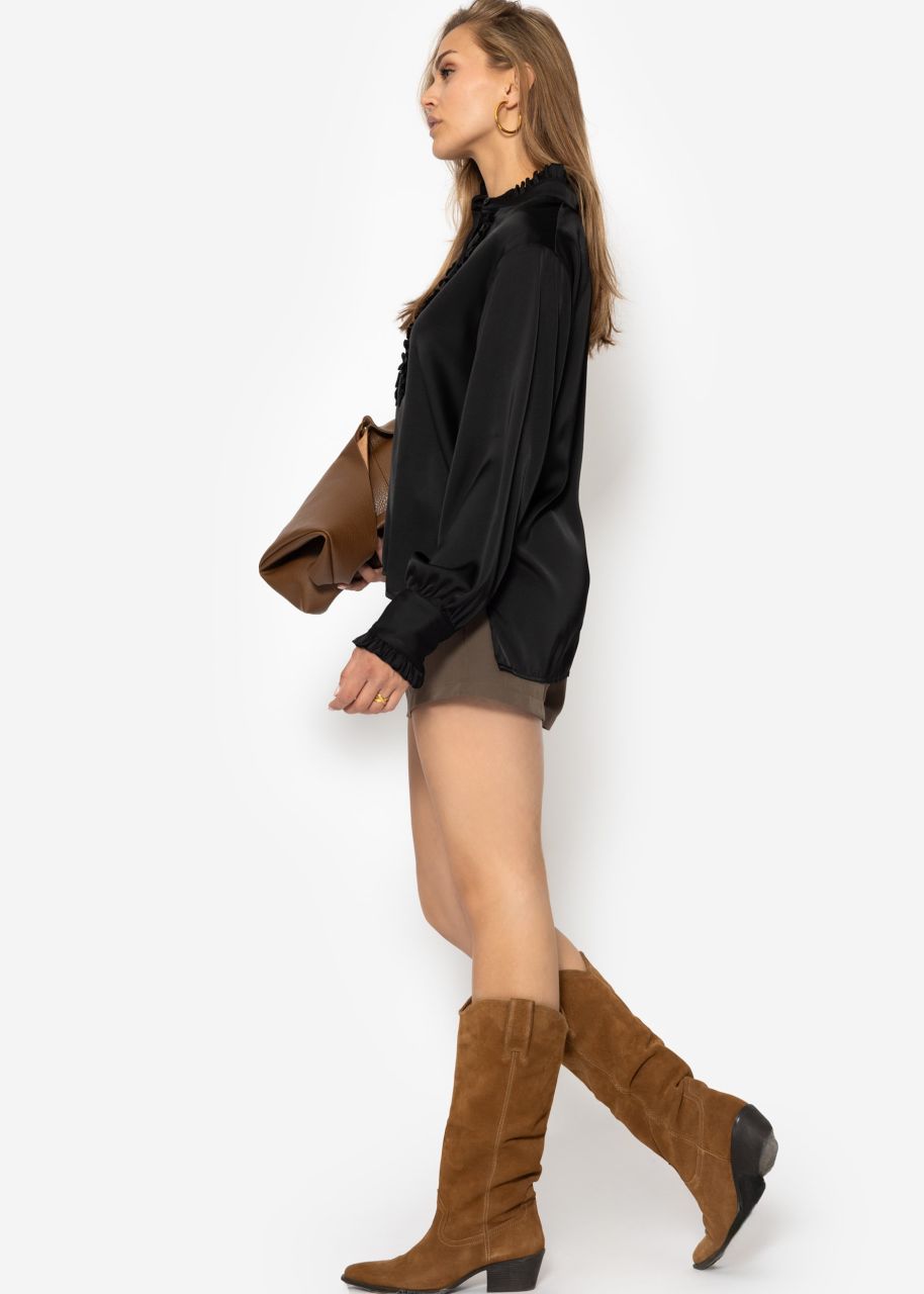 Satinbluse mit Rüschen - schwarz