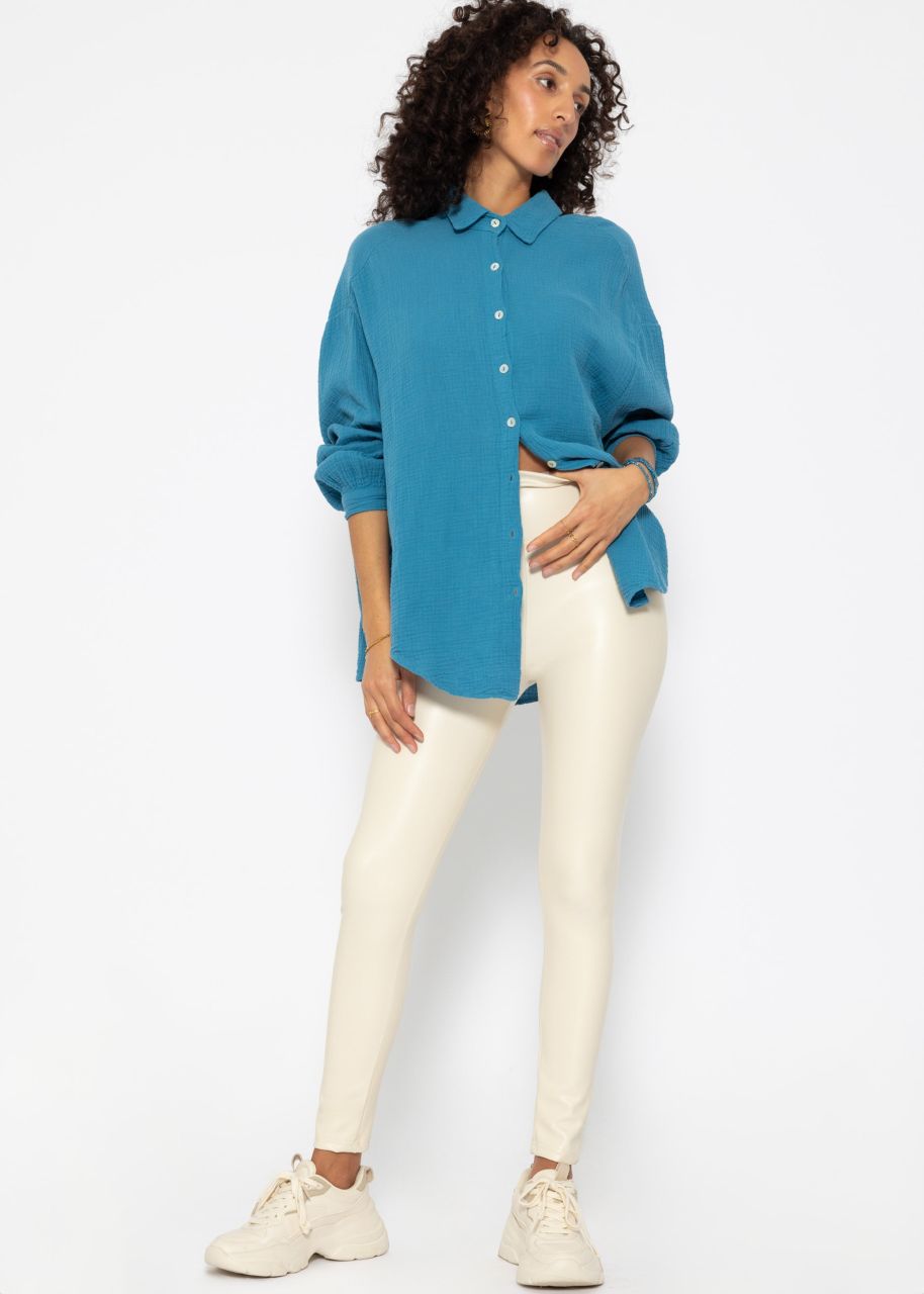 Musselin Bluse oversize, kurz, petrolblau