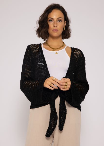 Grobmaschiger Wickel-Cardigan, schwarz