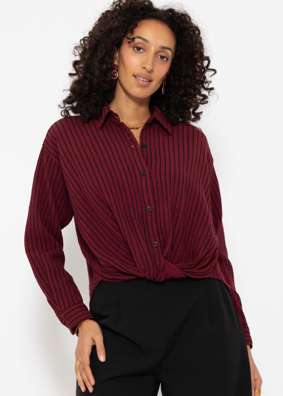 Gestreifte Musselin Bluse mit Knoten - burgundy-schwarz