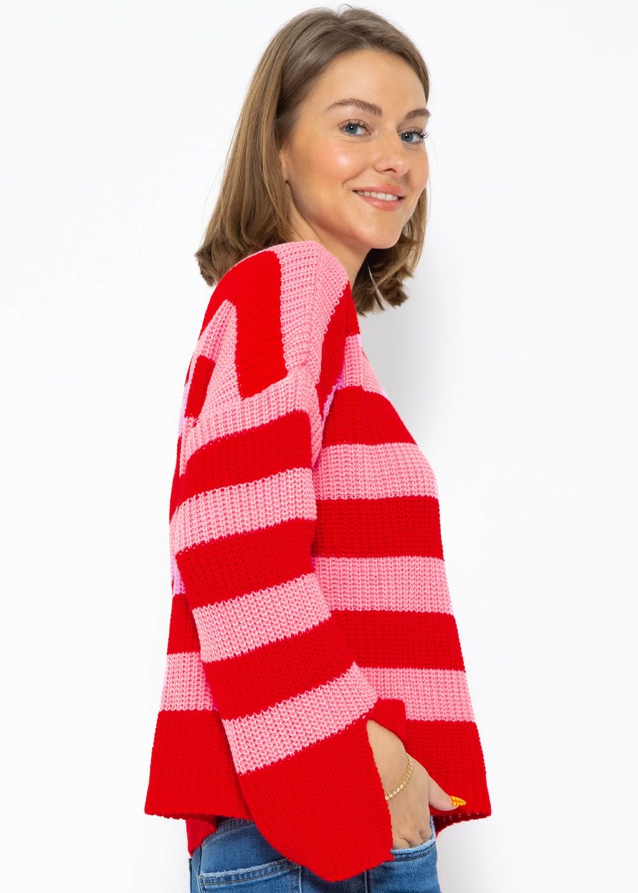 Gestreifter Pullover mit weiten Ärmel - rosa-rot