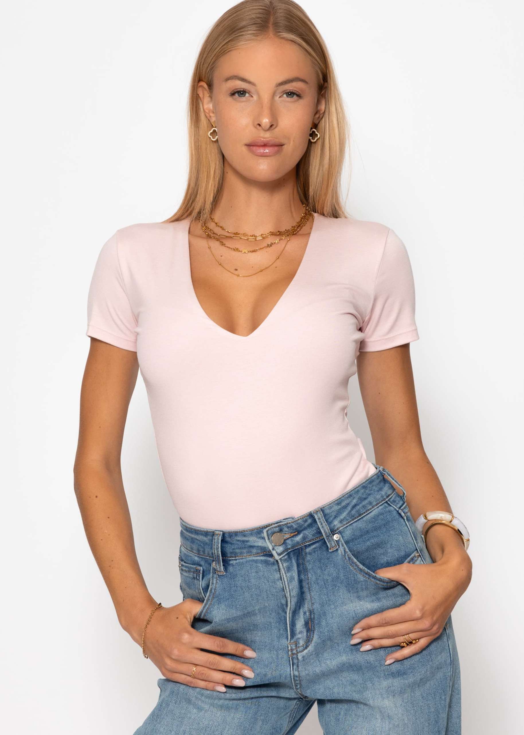 Kurzarm Body mit V-Ausschnitt - rosa