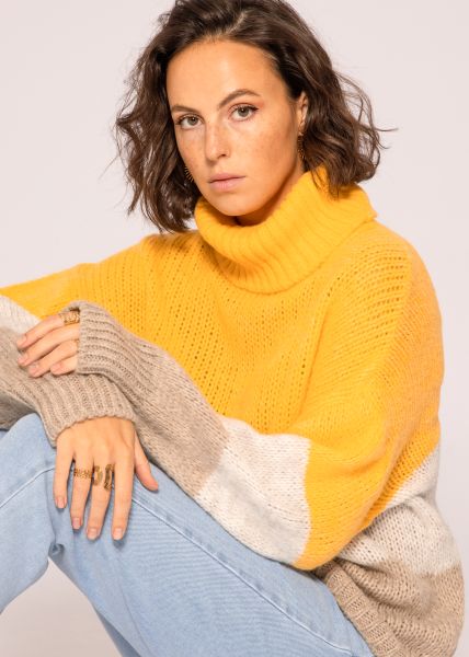 Rollkragenpullover mit Blockstreifen, gelb/beige/offwhite