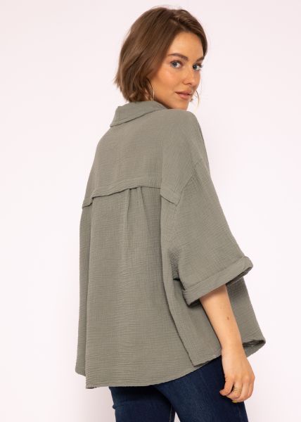 Musselin Bluse oversize kurzarm, kurz, khaki
