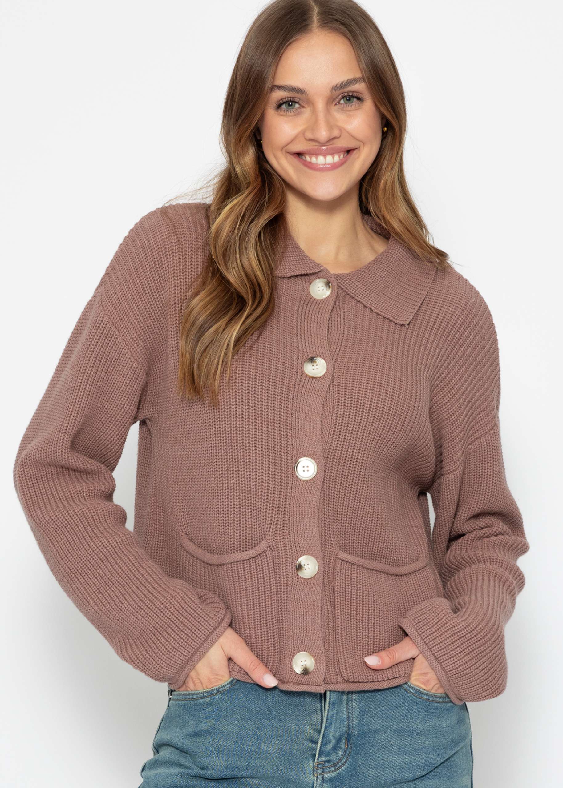 Strickjacke mit Kragen - mocha