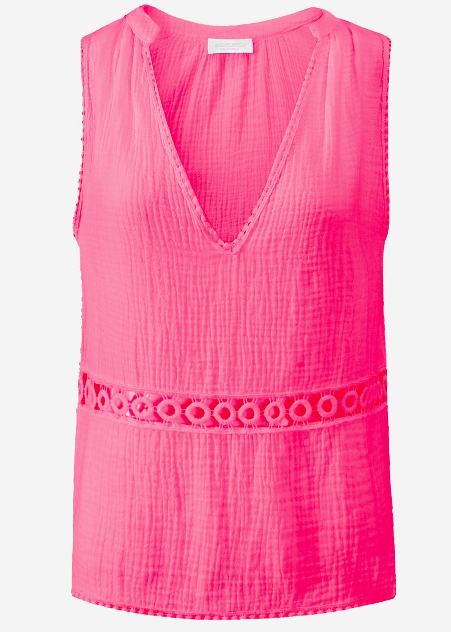 Musselin Top mit Spitzenborte - pink