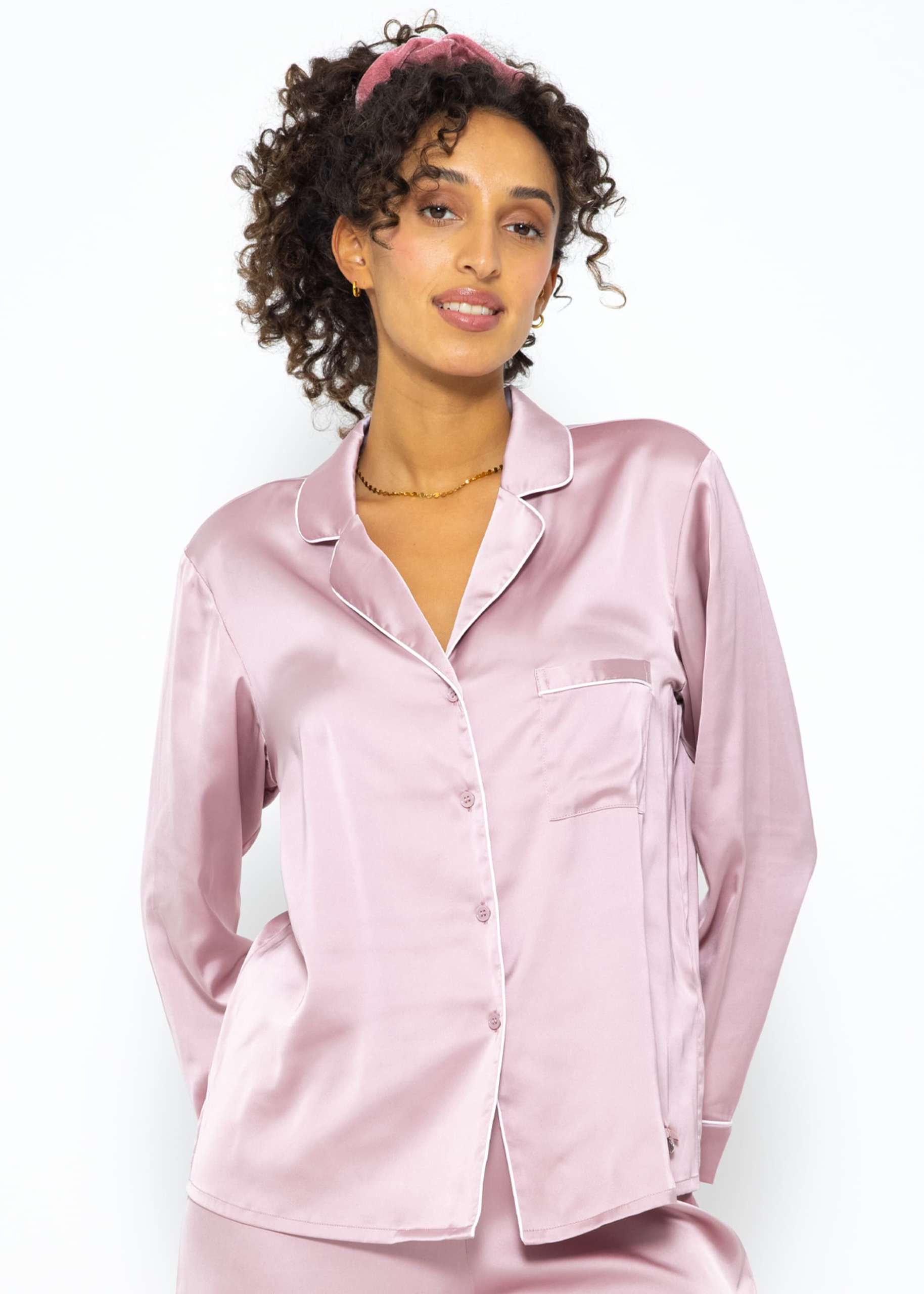 Satin Pyjama Bluse mit Paspel - rosa