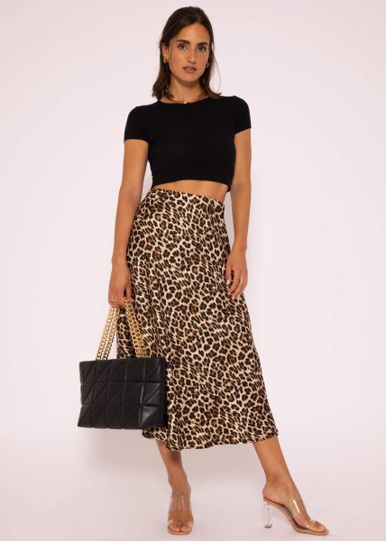 Satin Rock mit Leo-Print, braun
