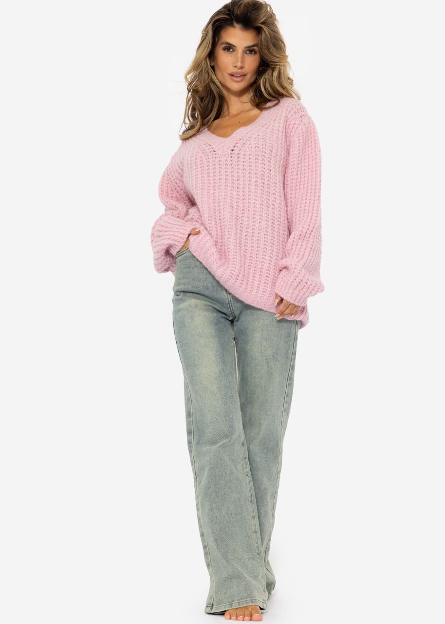 Oversize Grobstrick Pullover mit V-Ausschnitt - rosa