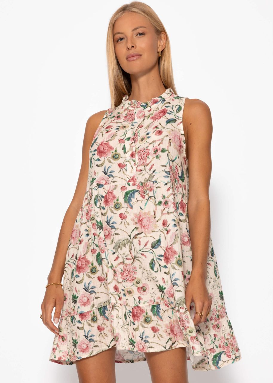 Ärmelloses Musselin Kleid mit Volants und floralem Print - beige