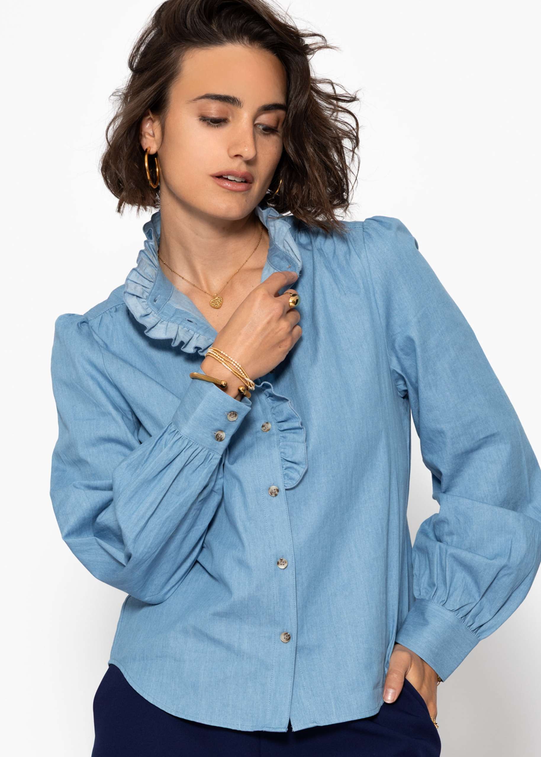 Denim Bluse mit Rüschen - blau