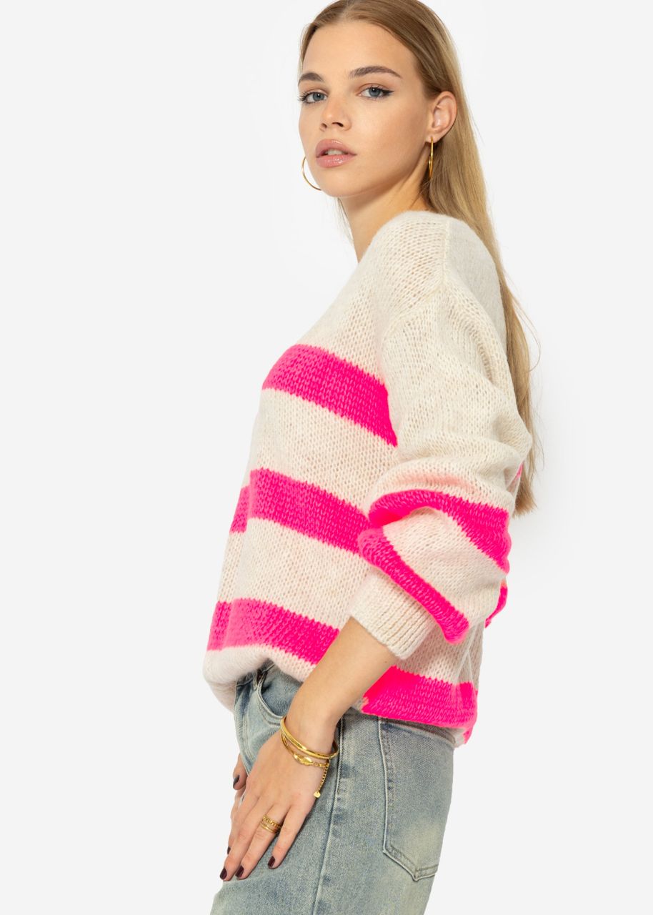 Pullover mit pink Streifen - hellbeige