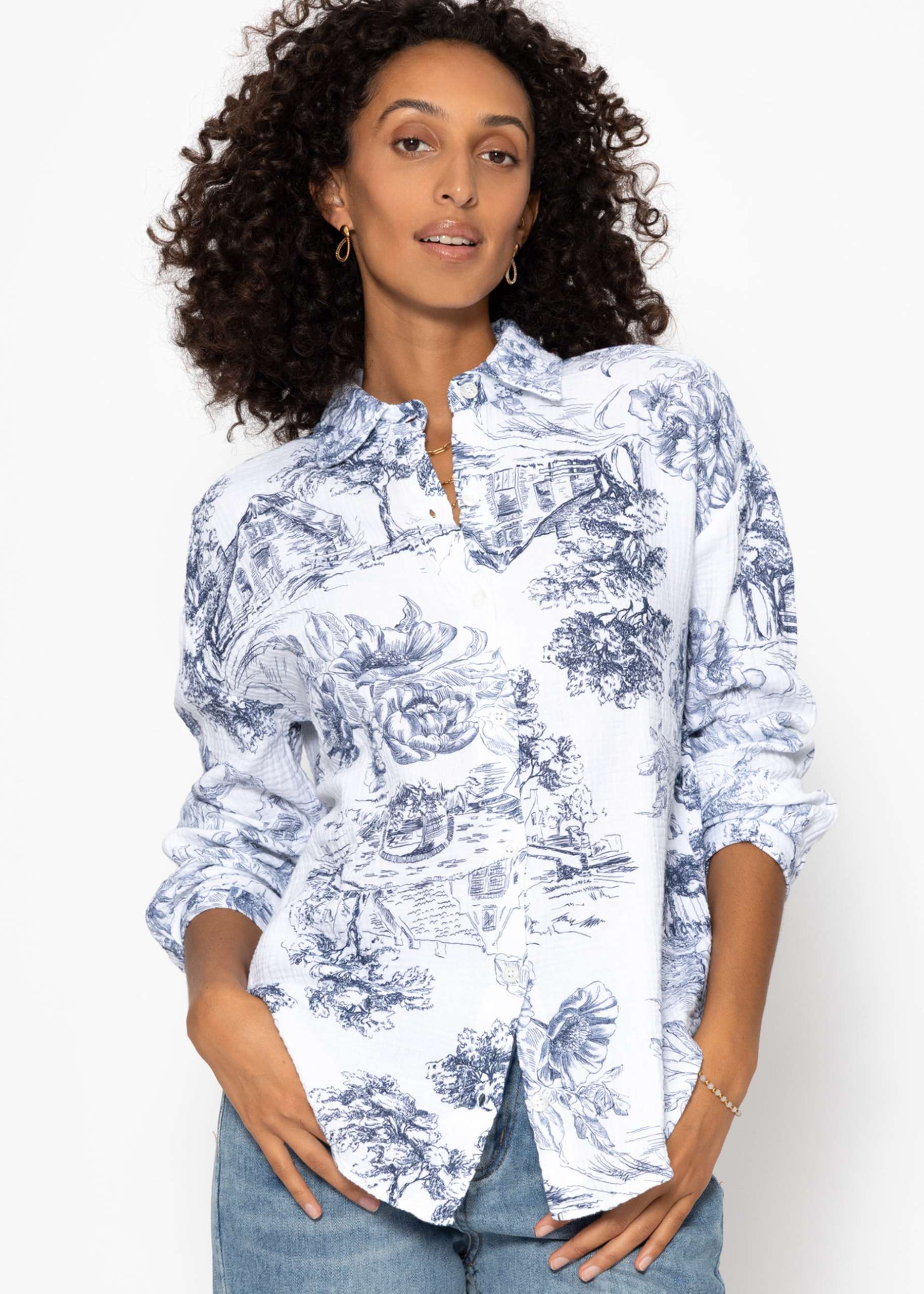 Oversize Musselin Bluse mit Print - dunkelblau