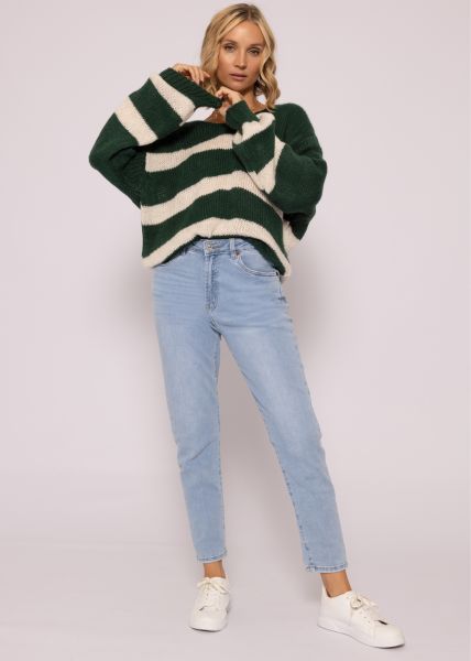 Pullover mit offwhite Streifen, dunkelgrün