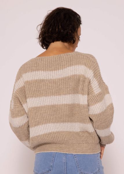 Pullover mit Streifen und V-Ausschnitt, beige