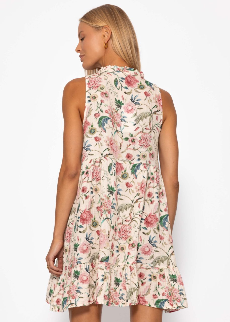 Ärmelloses Musselin Kleid mit Volants und floralem Print - beige