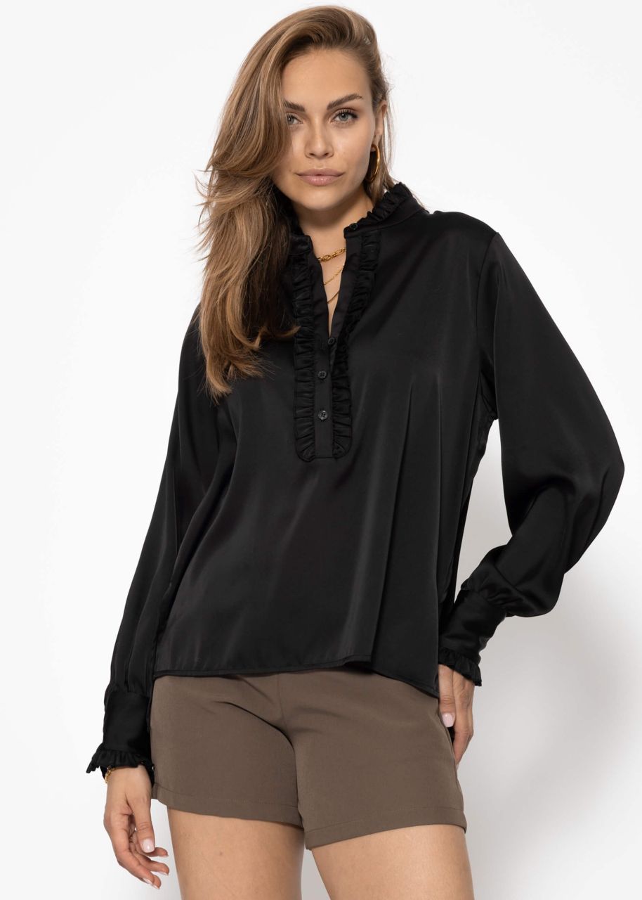 Satinbluse mit Rüschen - schwarz