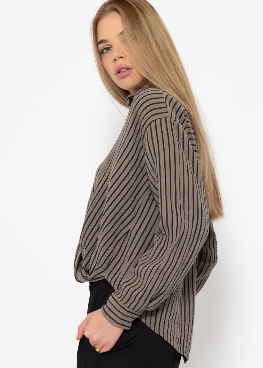 Gestreifte Musselin Bluse mit Knoten - taupe-schwarz