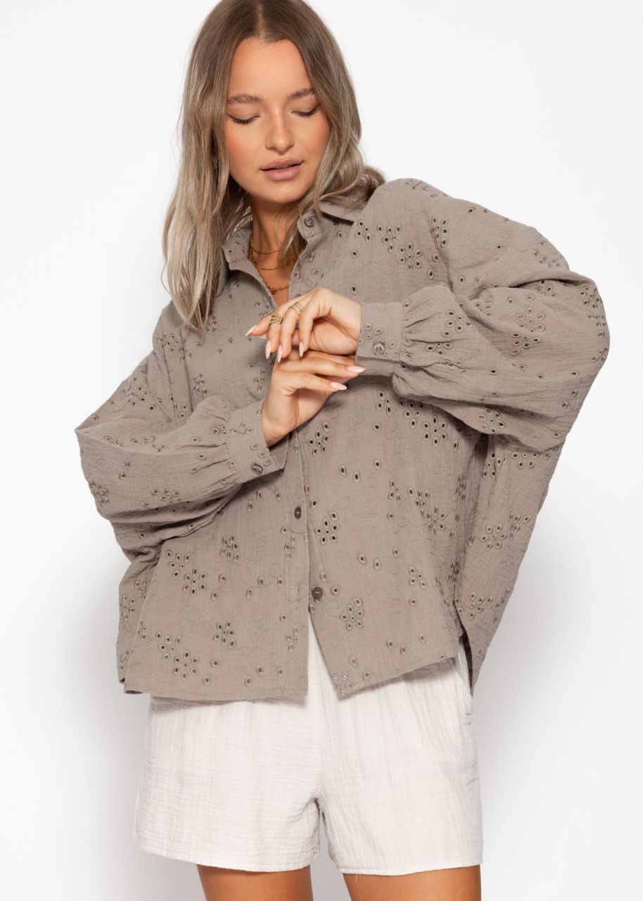 Musselin Bluse mit Lochstickerei - taupe
