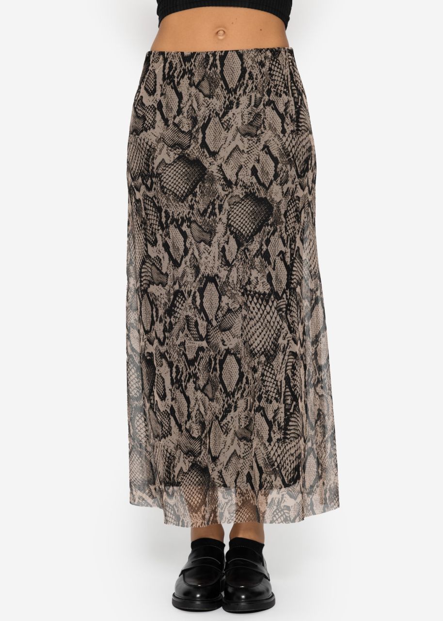 Ausgestellter Meshrock mit Snake-Print - braun