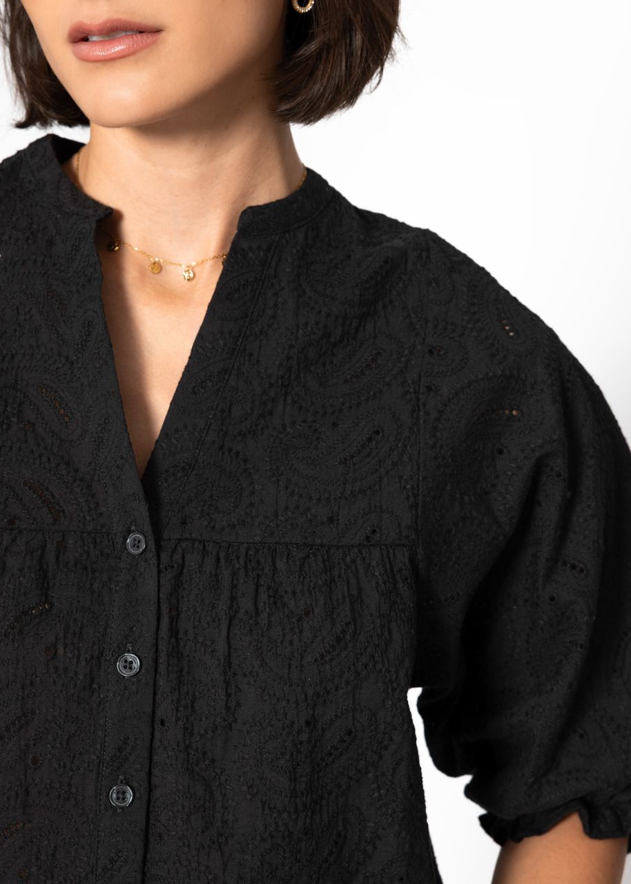 Spitzen Bluse mit kurzen Ballonärmeln - schwarz