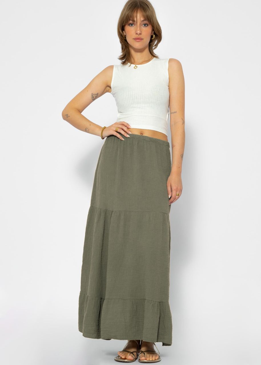 Musselin Maxi Rock mit Volants - khaki