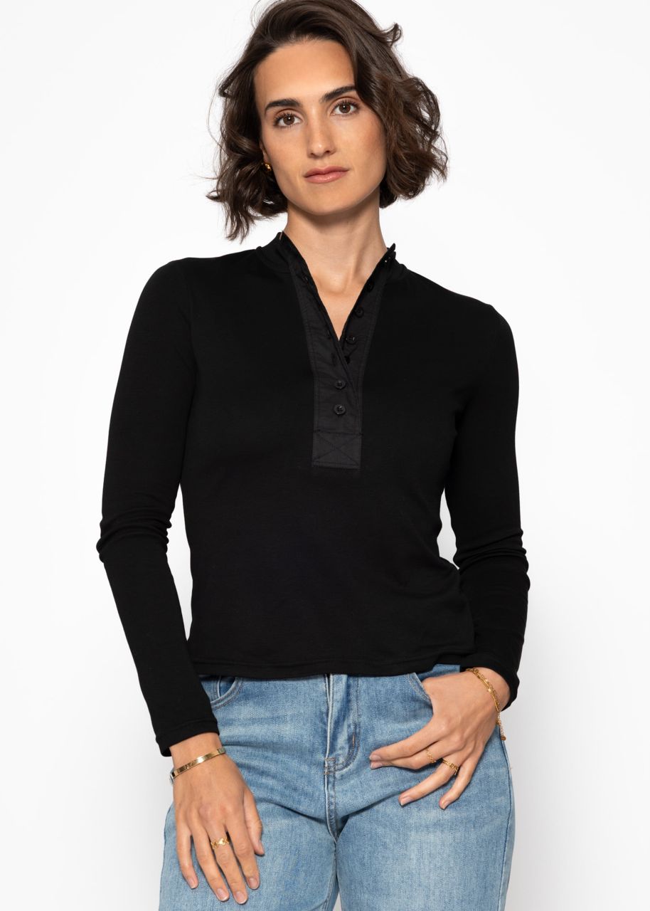 Langarm Shirt mit breiter Knopfleiste - schwarz