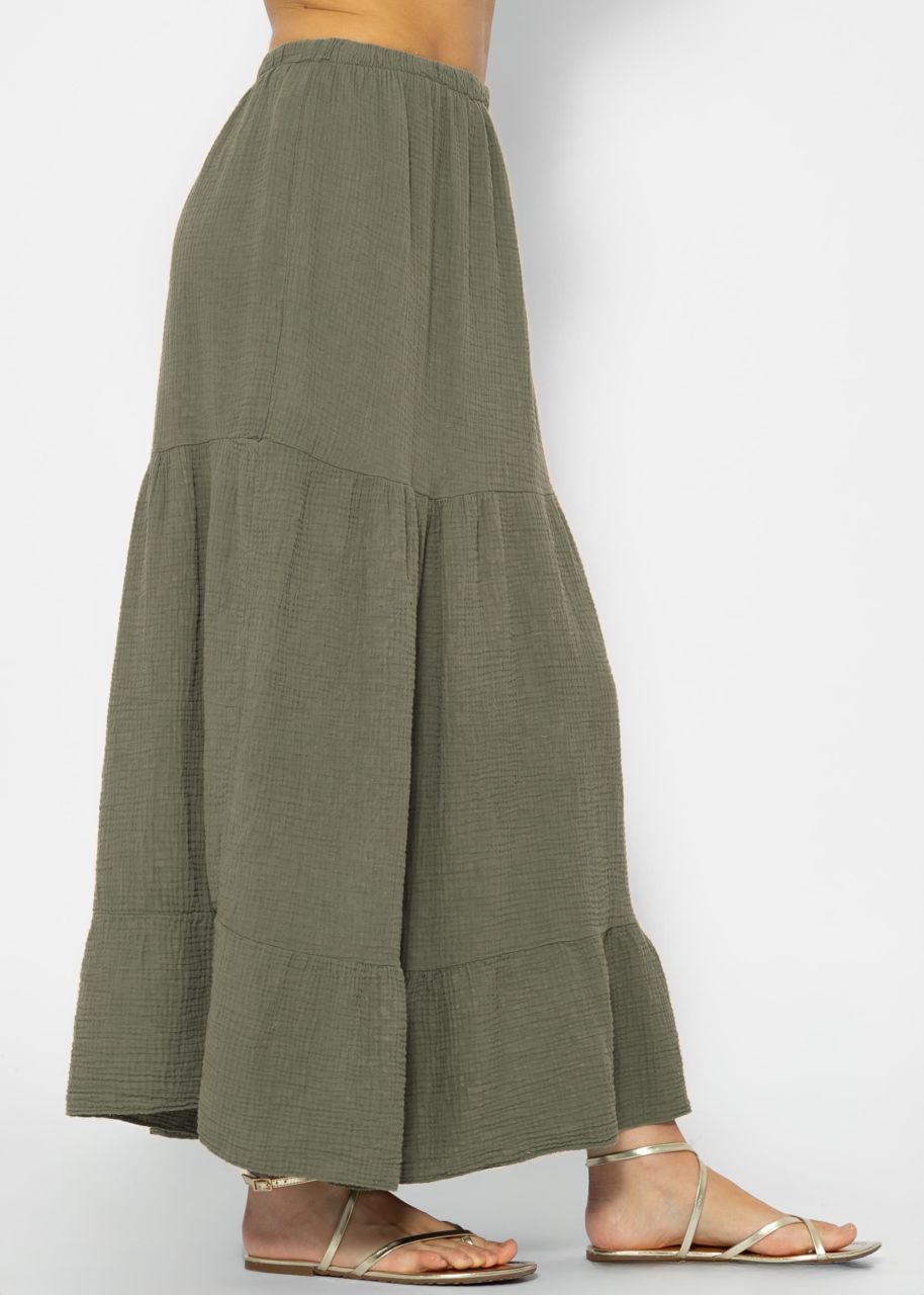 Musselin Maxi Rock mit Volants - khaki