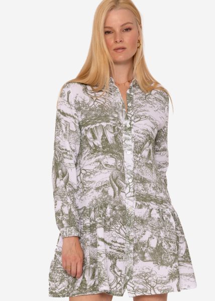 Musselin Kleid mit langen Ärmel und Print, khaki