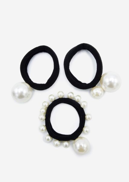 3er Set Haargummis mit Perlen - schwarz