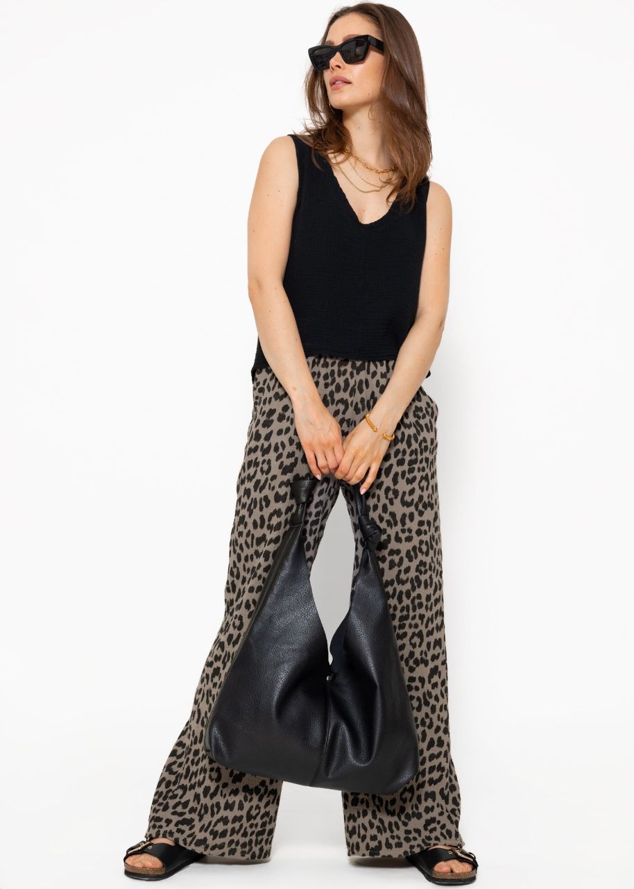 Musselin Pants mit weitem Bein in Leo-Print - taupe