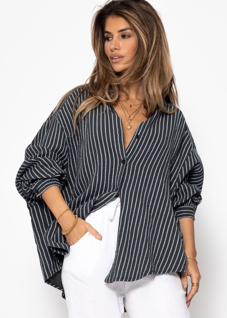 Oversize Musselin Bluse mit hellen Streifen - grau