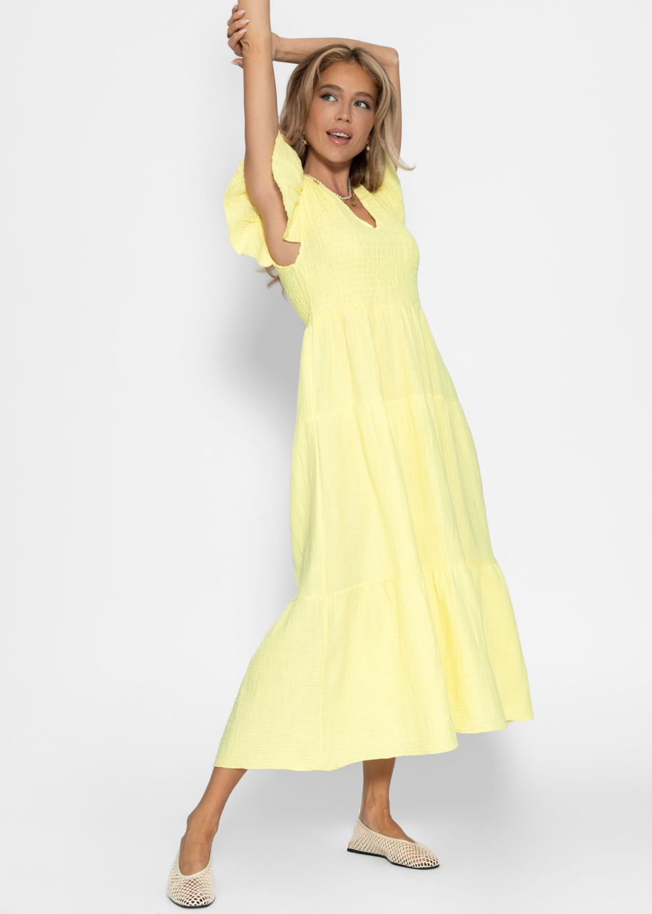 Maxi Musselin Kleid mit Volants und Flügelärmel - buttergelb