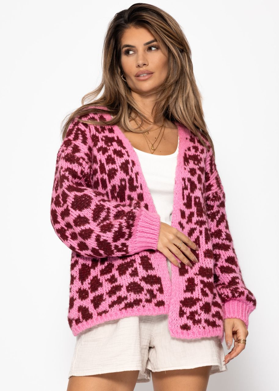 Kurzer Cardigan mit Leo-Print - pink-burgundy