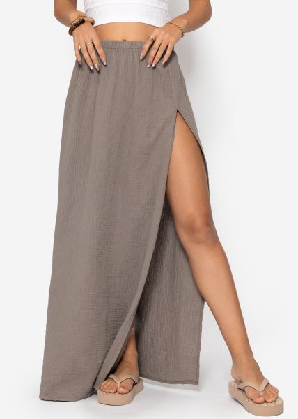 Langer Musselin Rock mit hohem Schlitz - taupe