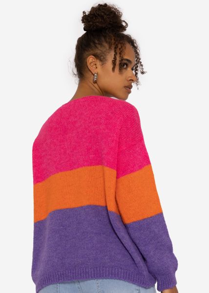 Streifen-Pullover mit V-Ausschnitt, pink/orange/lila