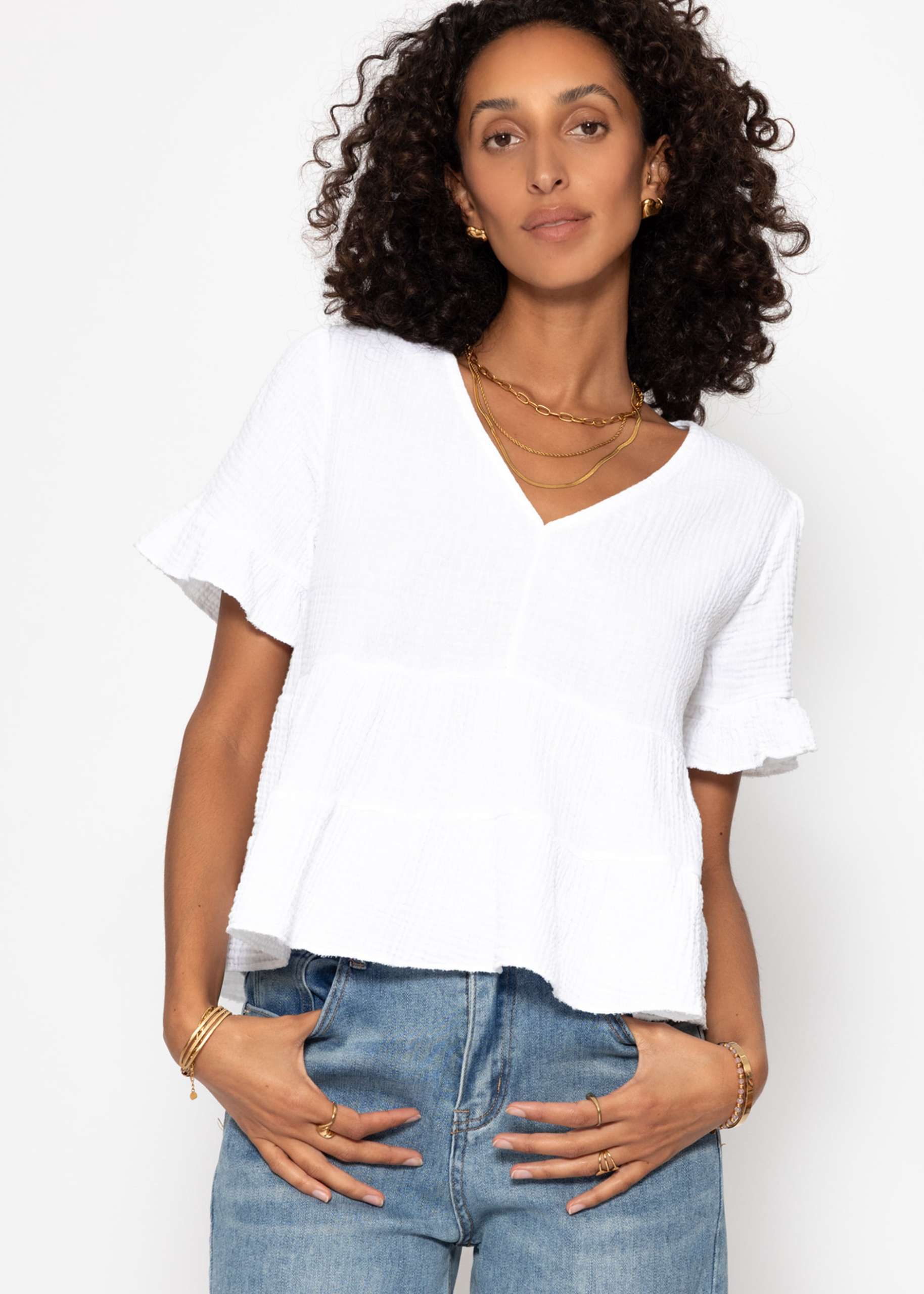 Musselin Shirt mit Volants - weiß