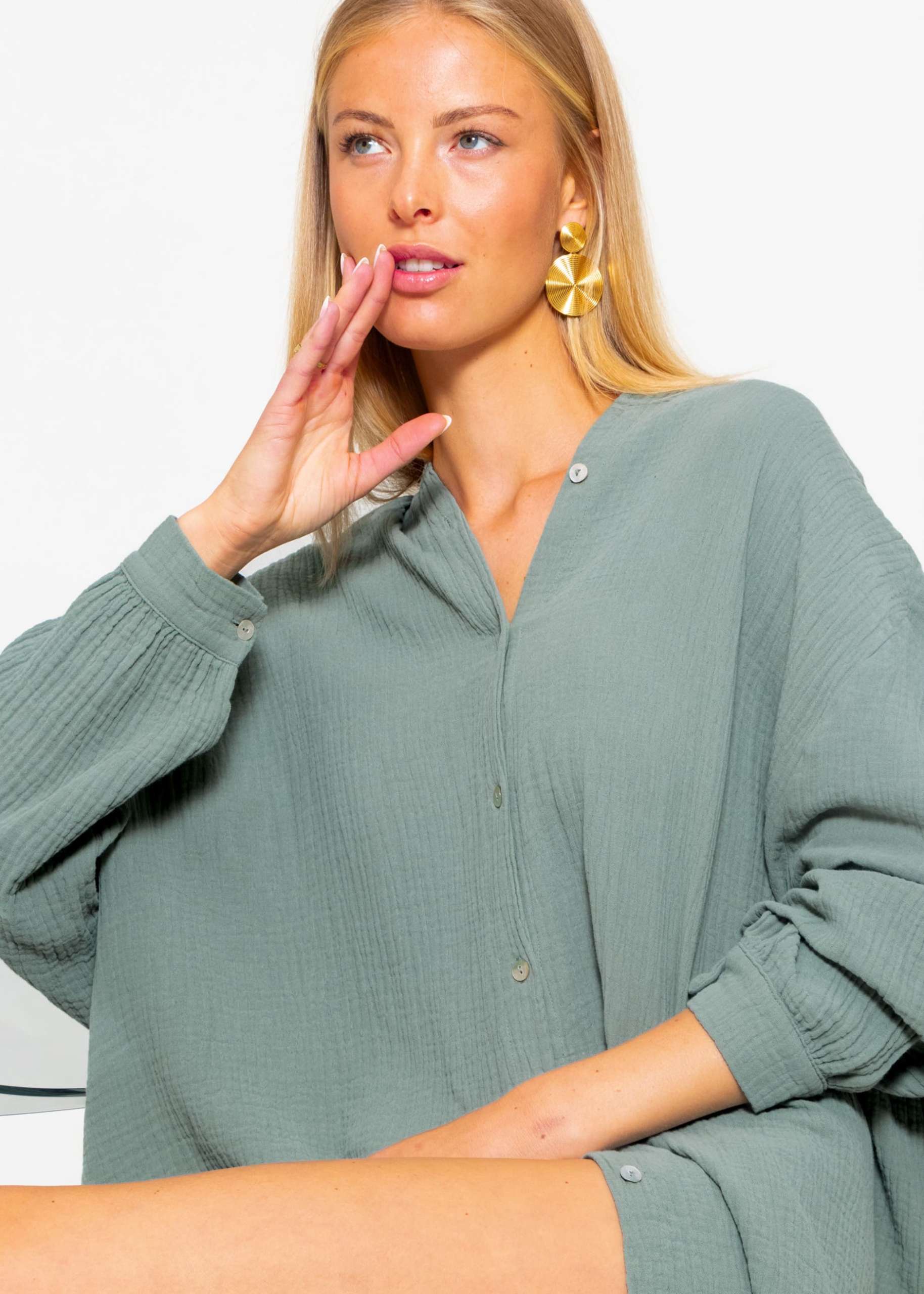 Musselin Bluse oversize, salbeigrün