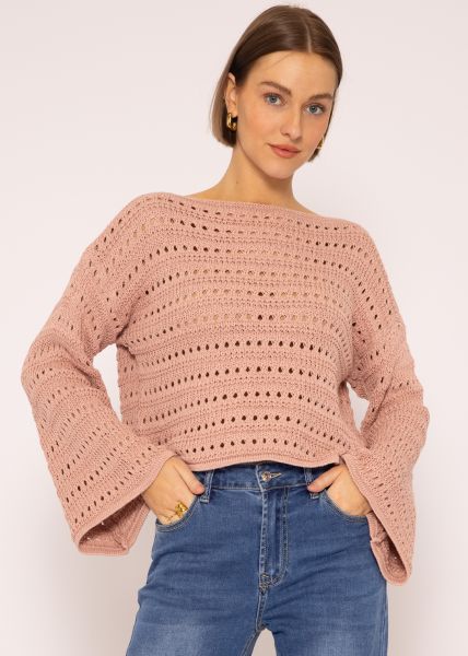 Oversized Pullover in Ajourstrick, puderrosa