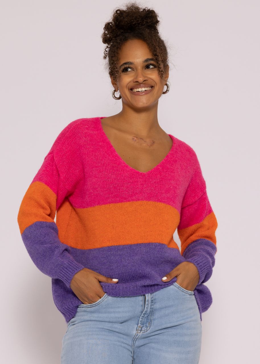 Pullover mit V-Ausschnitt, pink/orange/lila