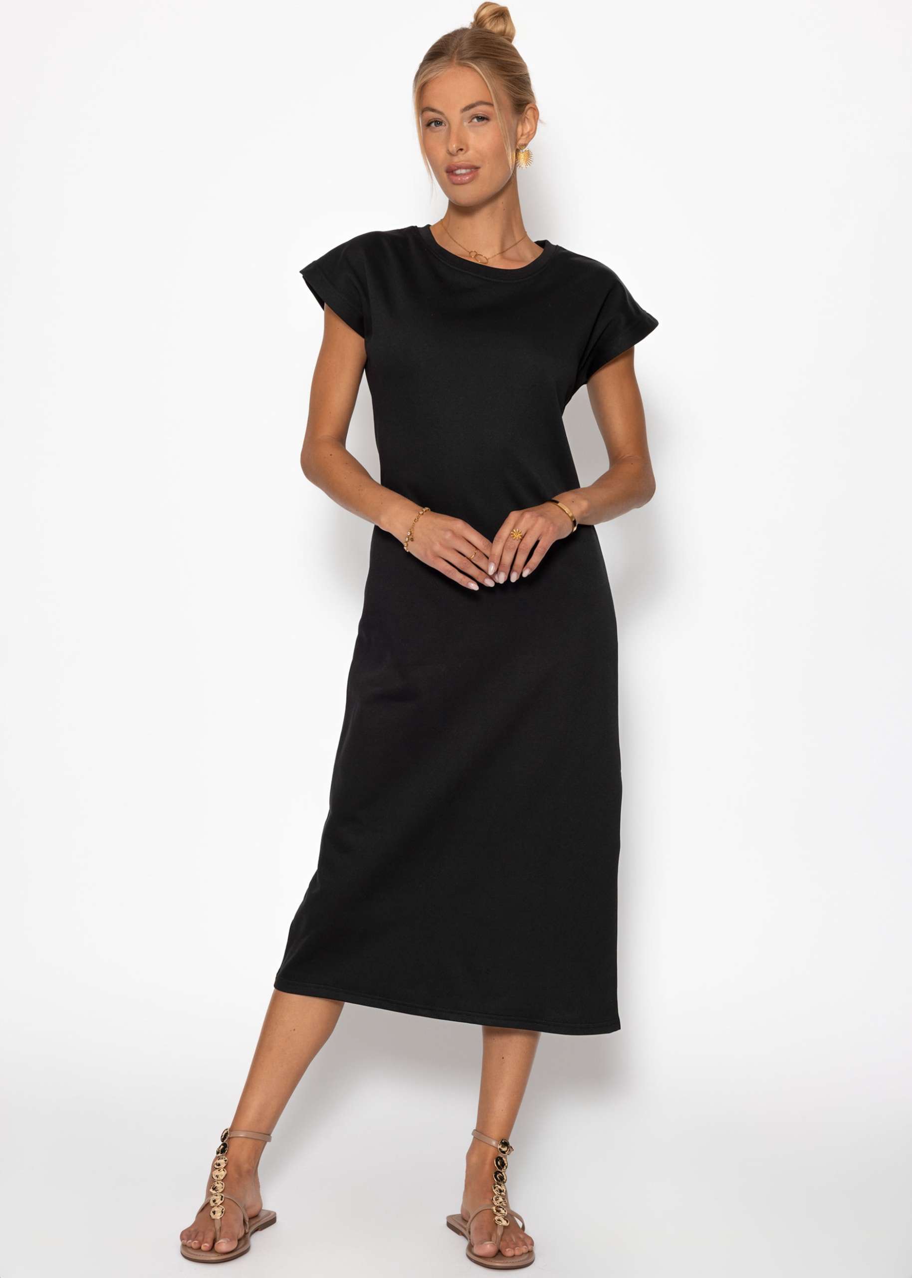 Langes Sweatkleid mit Schlitz - schwarz