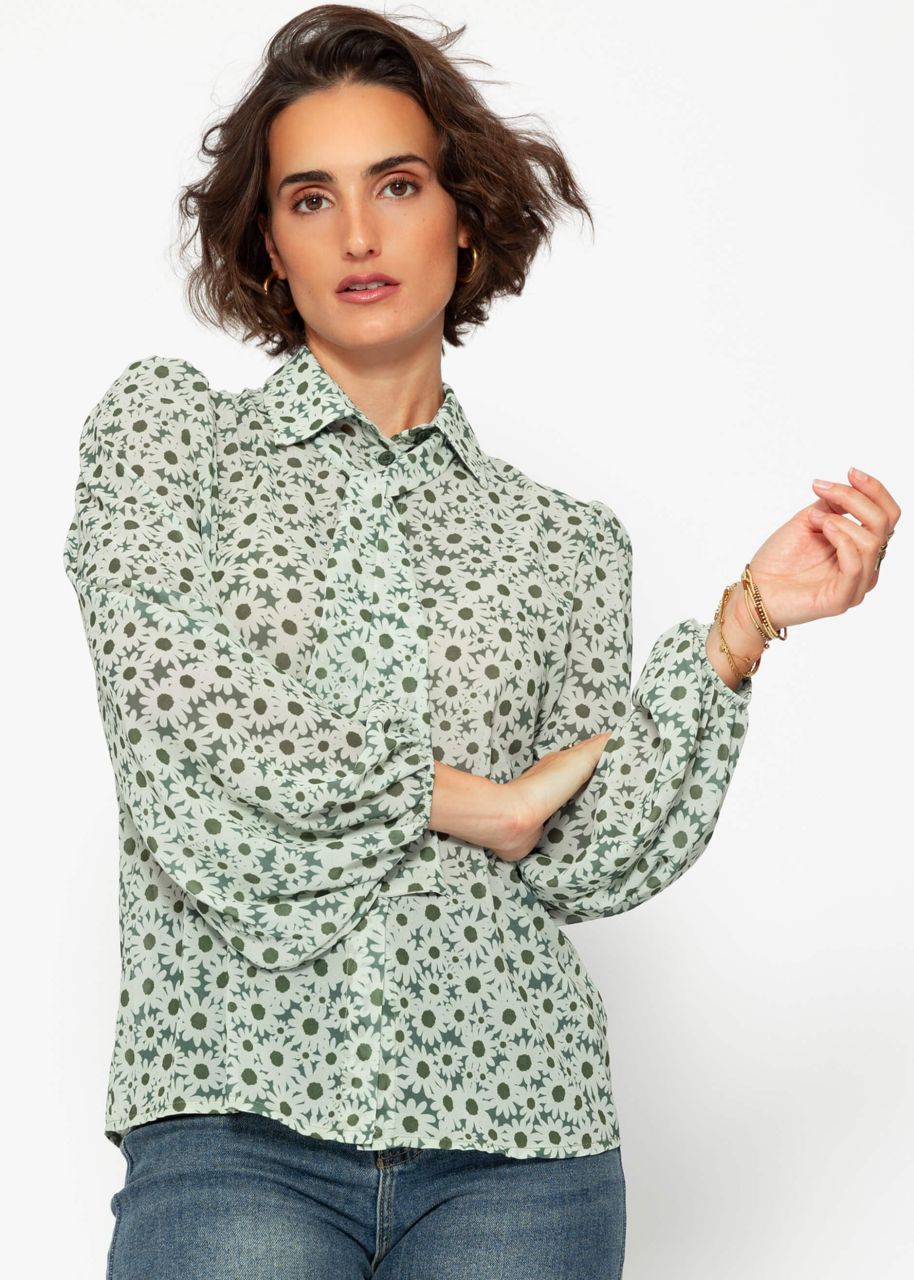 Elegante Schluppenbluse mit Ballonärmeln und floralem Print - grün